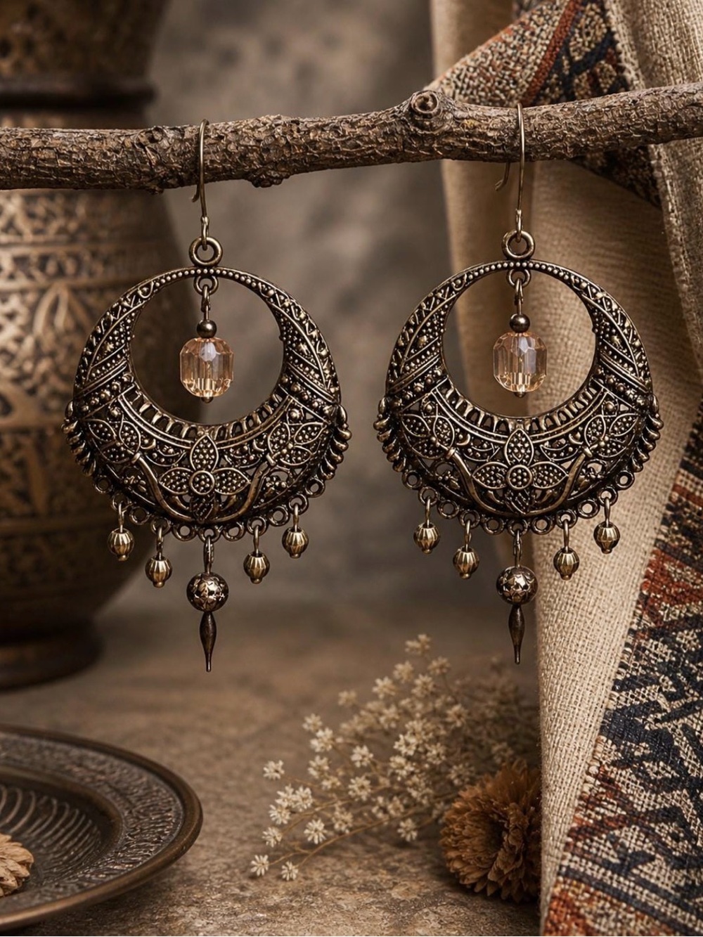 Boho Antique Bronze Chandelier Earrings Pink Crystal Dangles
